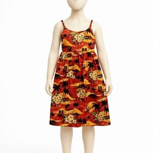 VTG HINALEA Made in Hawaii Girls Palm Tree Hibiscus Tie Back Tiki Dress
